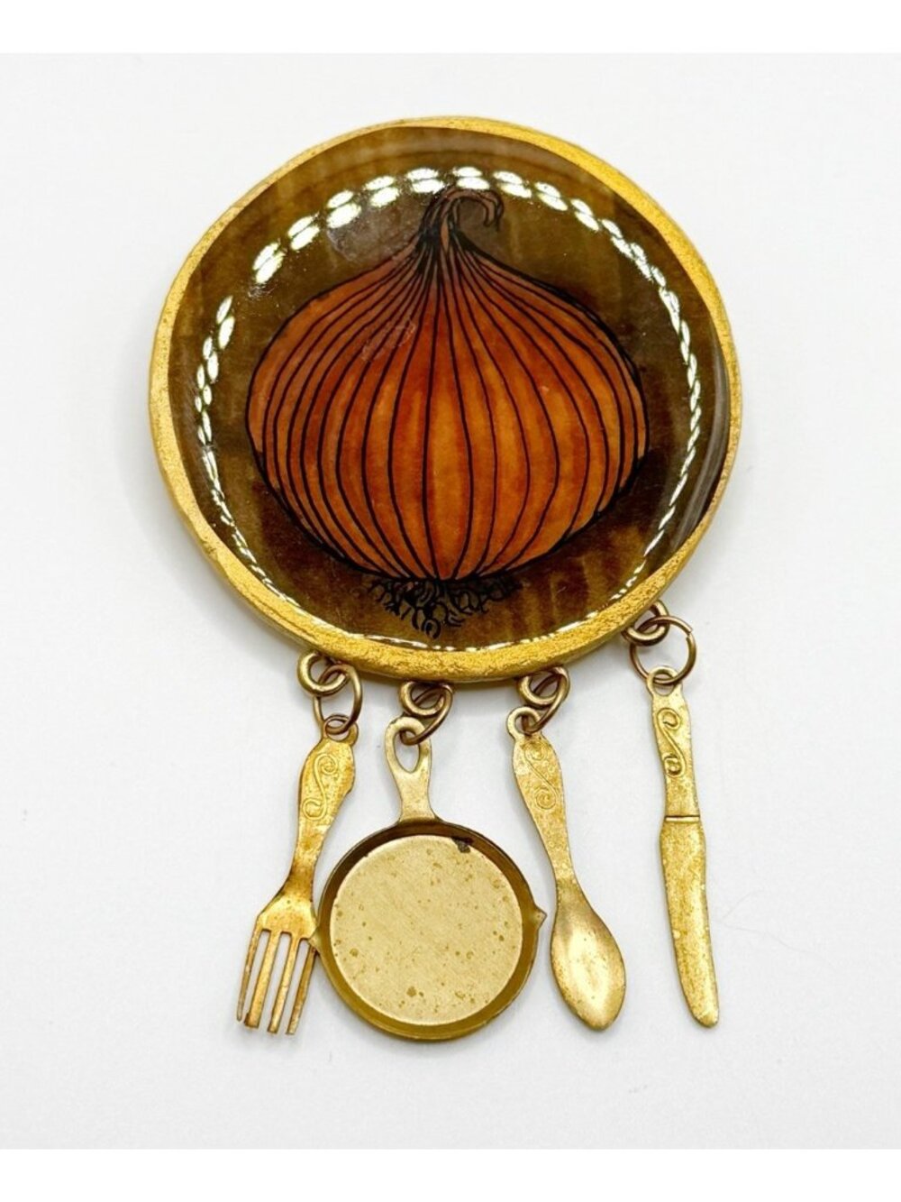 Handcrafted Onion Culinary Themed Brooch Dangling Kitchen Utensils